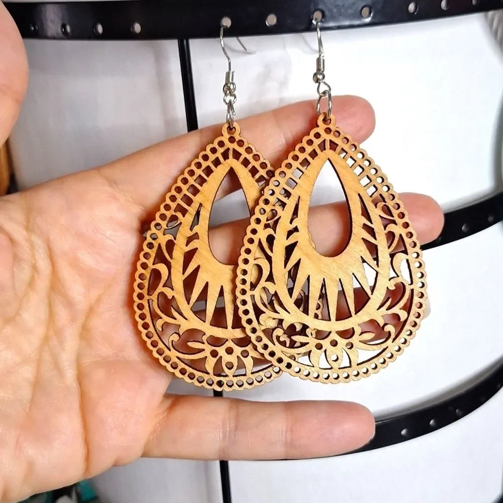 Tan Bohemian Geometric Wood Earrings for Women Natural - Picture 4 of 4